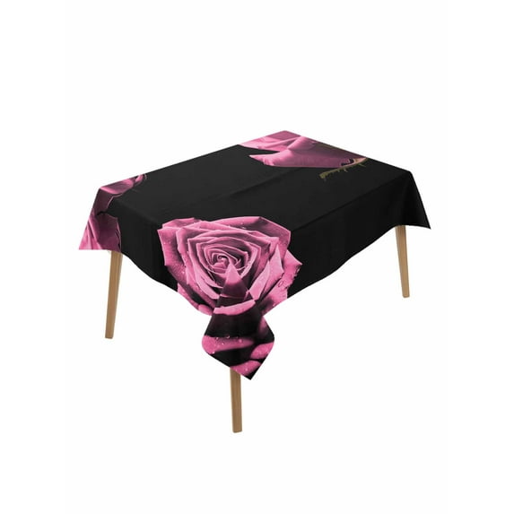 Pink Rose Table Cloth, Vintage Abstract Garden Flower Floral Black Waterproof Tablecloth for Rectangle Tables, Reusable Washable Fabric Table Cover for Restaurant Kitchen Dining Tables 60"x102"