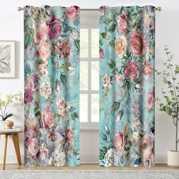 Pink Rose Teal Blue Curtains Watercolor Flowers Blackout Curtain Vintage Shabby Chic Floral Drapes For Women Girls Bedroom Living Room Decor 52"W x 63"L (Pack of 2)