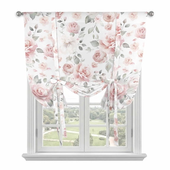 Pink Rose Tie Up Curtains for Window, Thermal Insulated Balloon Shade Adjustable Rod Pocket Curtains Valance Panels for Kitchen Bathroom Cafe 34 x 45 Modern Simple Romantic Flowers Floral Leaves