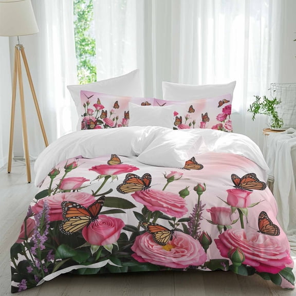 Pink Rose Twin Size Comforter Set, Romantic Butterflies Flying on Roses Plant Gradient Pink Bedding for All Seasons, 4 Pcs Bed Set, 1 Quiltcover (68"x86") ,1Sheet(67"x116"), 2Pillowcases (30"x20")