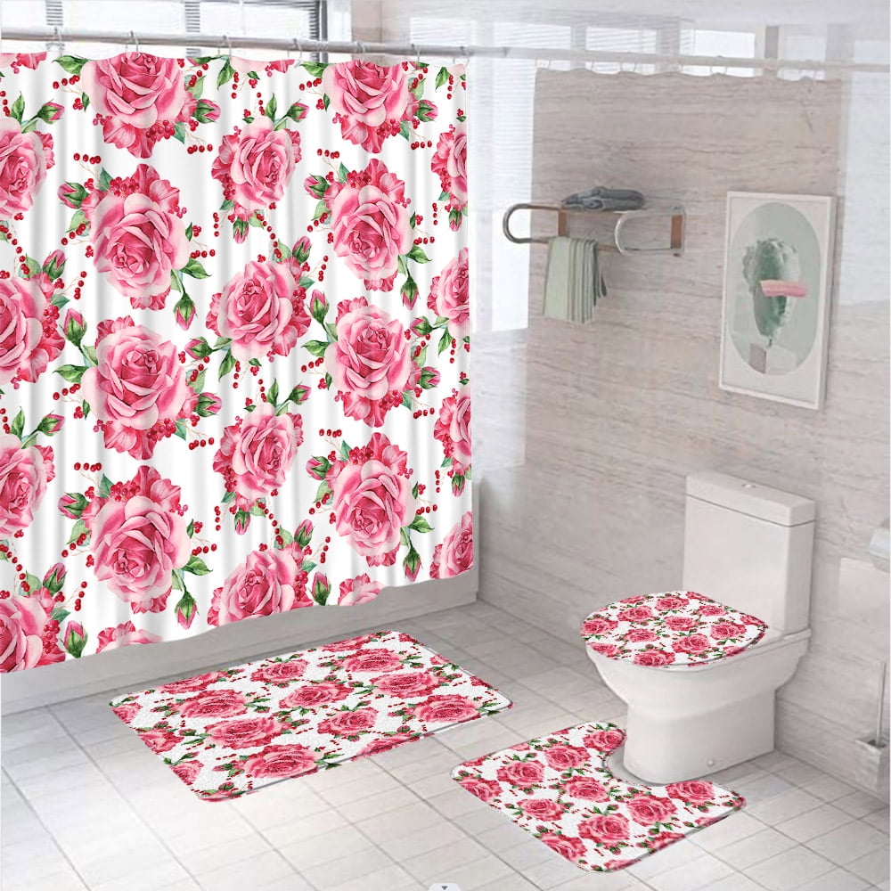Pink Rose Watercolor Floral Shower Curtain Set Green Leaves Natural ...