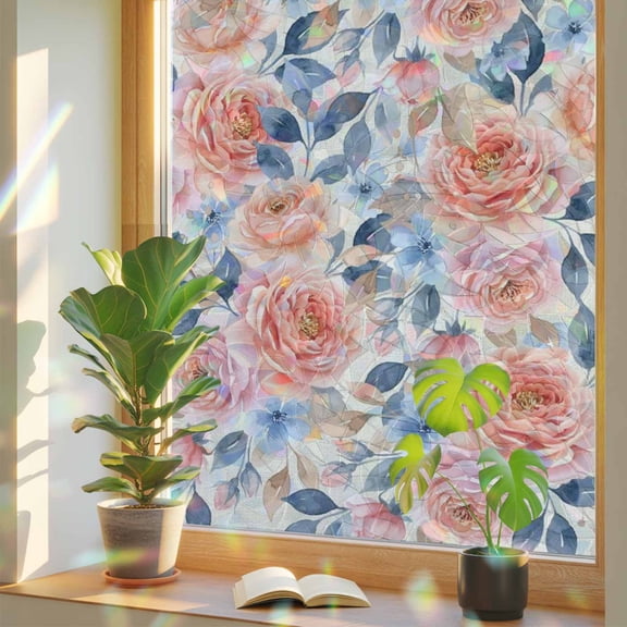 Pink Rose Window Privacy Film, Blue Flower Watercolor Gray Leaf Country Retro Floral Stained Glass Rainbow Film Decorative Window Clings, Static Cling Sun Blocking Stickers 29.5" x 118"