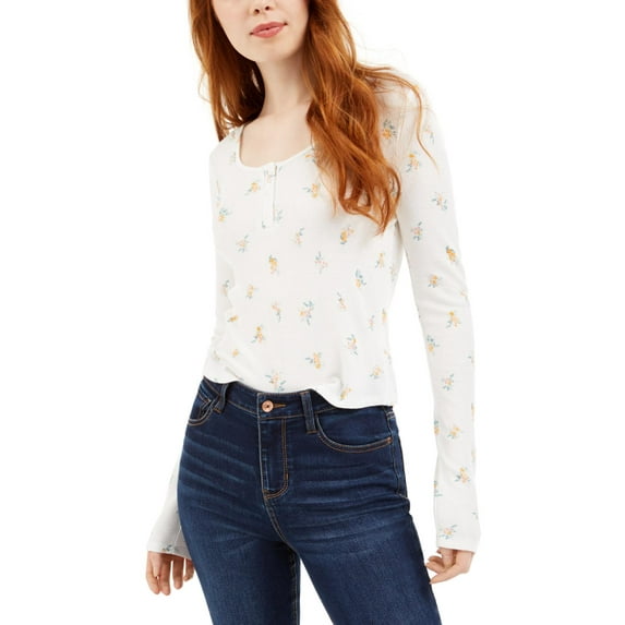 Pink Rose Womens Juniors Floral Thermal Henley Top White L