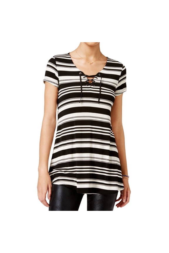 Womens Lace Up Basic T-Shirt, Black, Juniors, Small