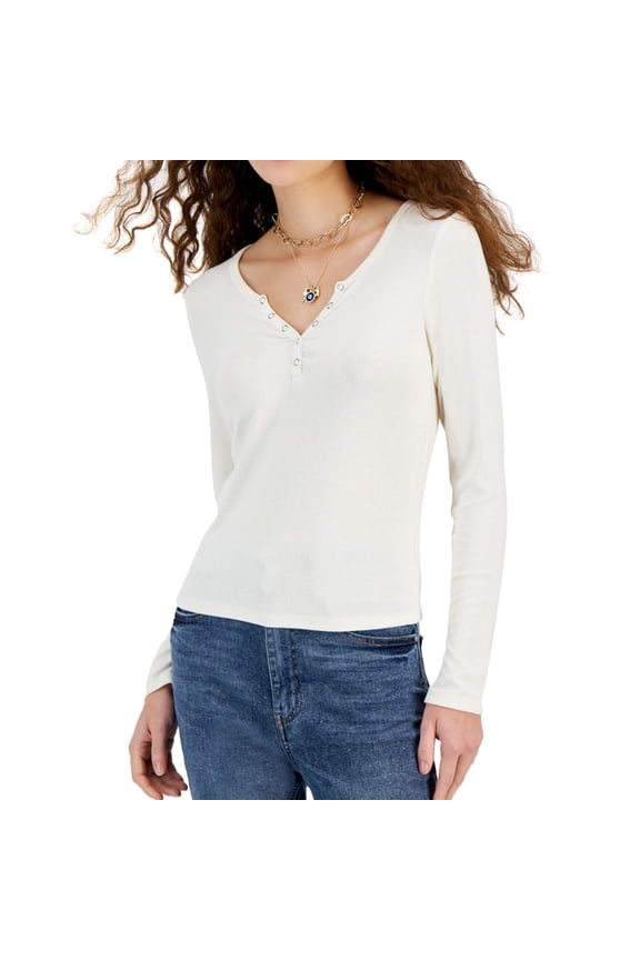 Womens Notched Snap Scoop Henley Shirt, Off-White, Medium