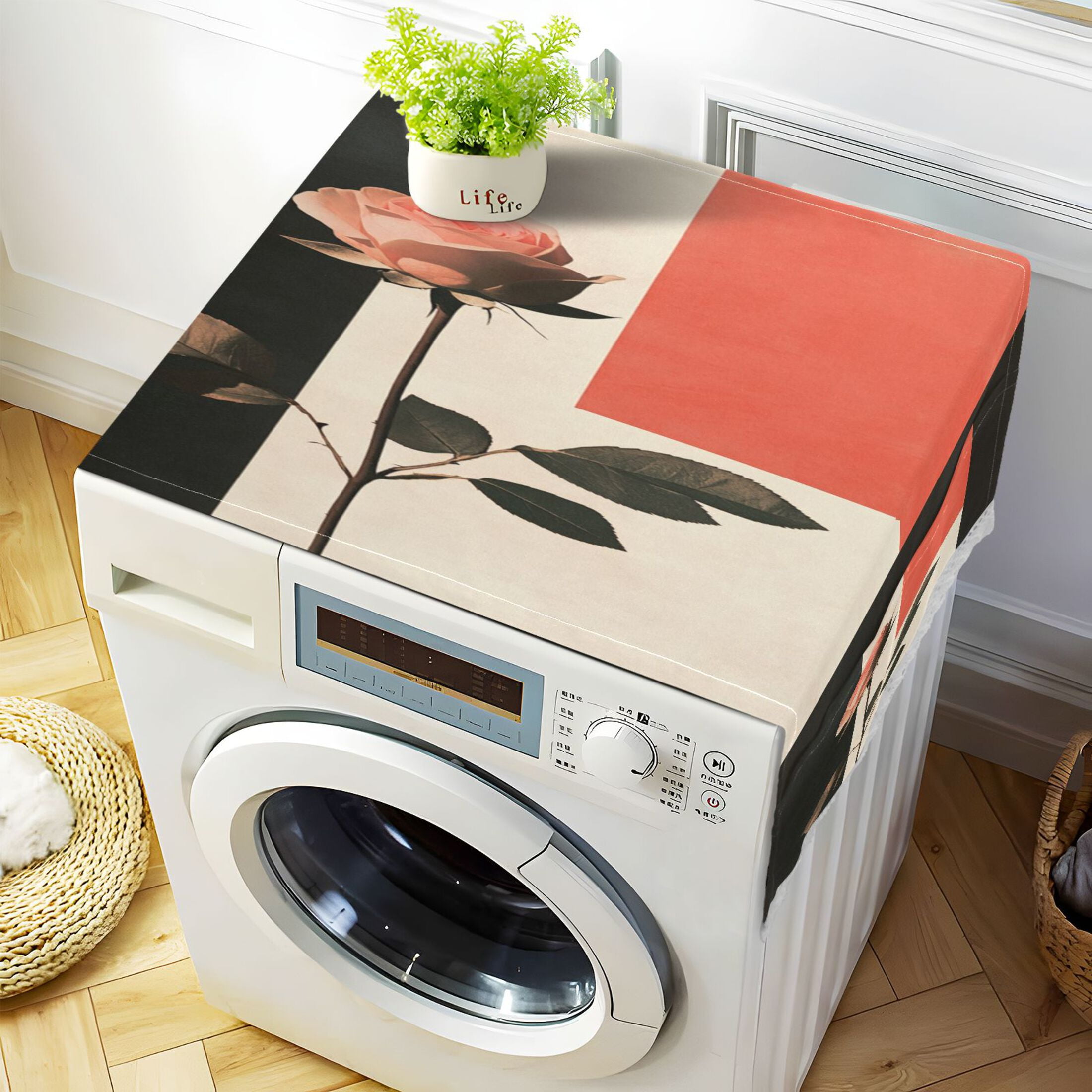 Pink RoseWasher and Dryer Covers Dust-Proof and Oil Resistant Fridge Cover with 4 Storage Pockets Washing Machine Top Cover for Laundry Kitchen Home 51.2 x 22 In