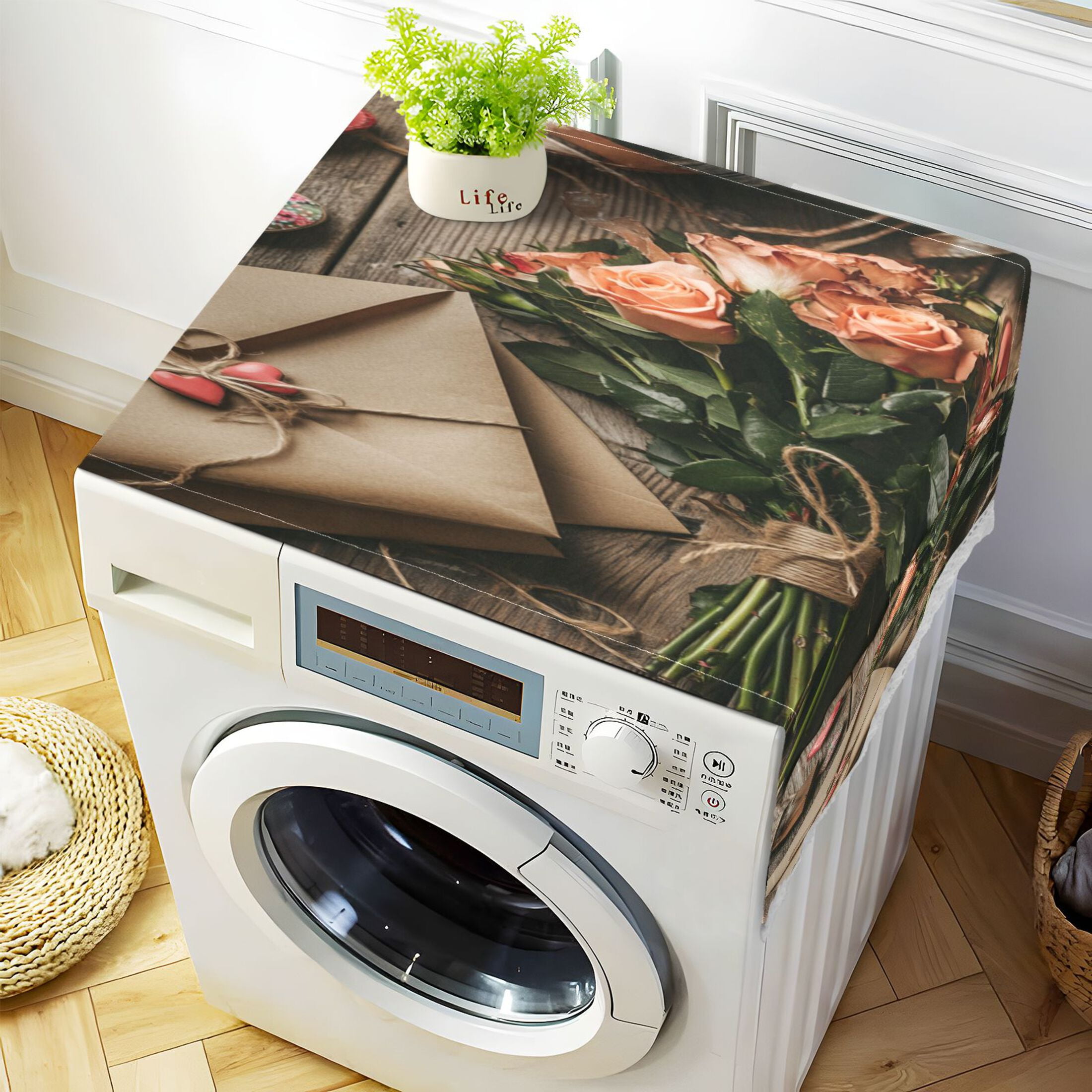 Pink RoseWasher and Dryer Covers Dust-Proof and Oil Resistant Fridge Cover with 4 Storage Pockets Washing Machine Top Cover for Laundry Kitchen Home 51.2 x 22 In