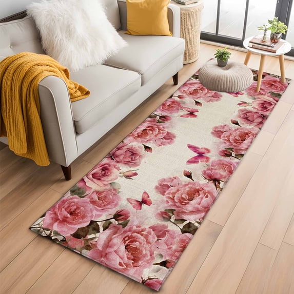 Pink Roses 2'x6' Runner Rugs for Hallway Kitchen Bedside Non Slip, Spring Floral Elegant Pastoral Butterfly Retro Entryway Rug Runners with Rubber Backing, Long Carpet Runner for Laundry Room