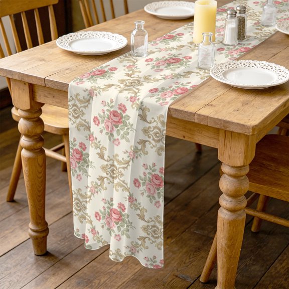 Pink Roses 4.5ft Cheesecloth Table Runner for Wedding 19"x55", Romantic Damask Vines Delicate Floral French Country Kitchen Dinner Sheer Tulle Chiffon Dresser Scarf, Holiday Party Decorations