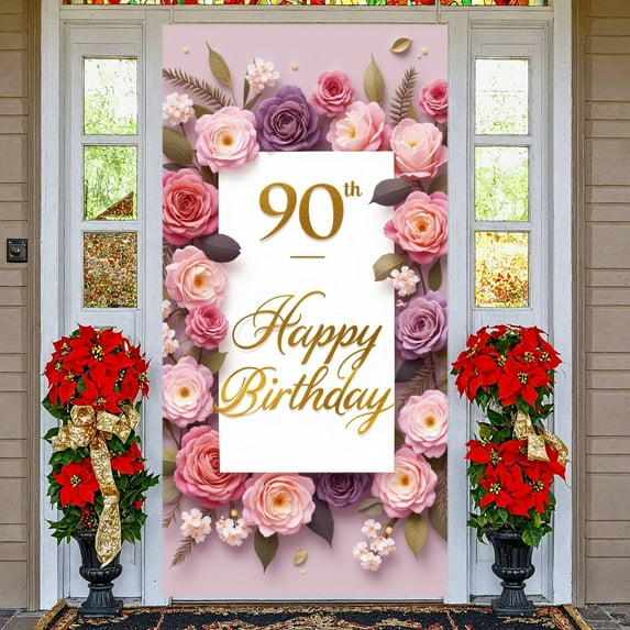 Pink Roses 90th Birthday Banner Golden Lettering Display Floral Decor Pink Background Floral Backdrop for 90th Birthday Party Senior Celebration Family Gathering