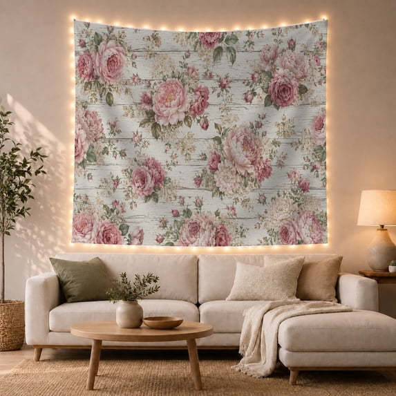Pink Roses Across Distressed White Wood, Romantic Vintage for Flower Lovers, Botanical Wall Art, Mother'S Day Gift, Tapestry Wall Hanging for Bedroom and Living Room