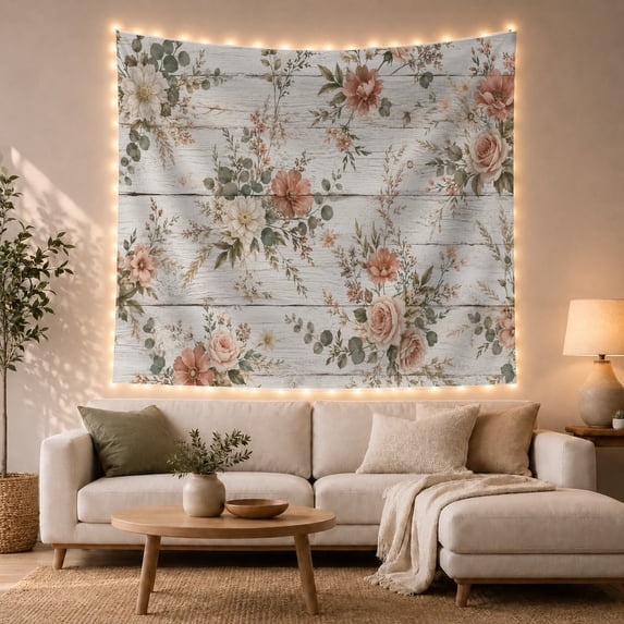 Pink Roses Among Dried Grass on Weathered Wood, Romantic Rustic for Flower Lovers, Floral Wall Art, Housewarming Gift, Tapestry Wall Hanging for Bedroom and Living Room