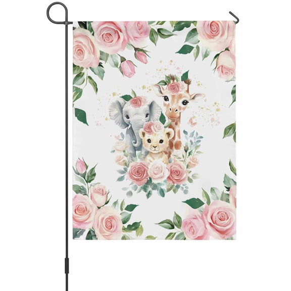 Pink Roses Animal Garden Flags For Outdoor, Elephant Giraffe Lion Small Double Side Yard Flags Weather Proof Garden Decor for Lawn Outside Holiday 12 x 18 Inches