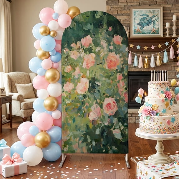 Pink Roses Arch Backdrop Covers 4 FT, Floral Garden Water Pond Impressionist Stretchy Fitted Arched Stand Covers Party Arch Stand Cover Photo Booth for Wedding Birthday Decor