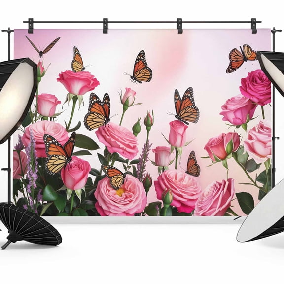 Pink Roses Backdrop for Photography,Fabric Photo Background Backdrop,Spring Floral Butterflies Watercolor Modern Art Photo Booth Background for Portrait Photoshoot Video Wedding Studio Banner 12x8ft