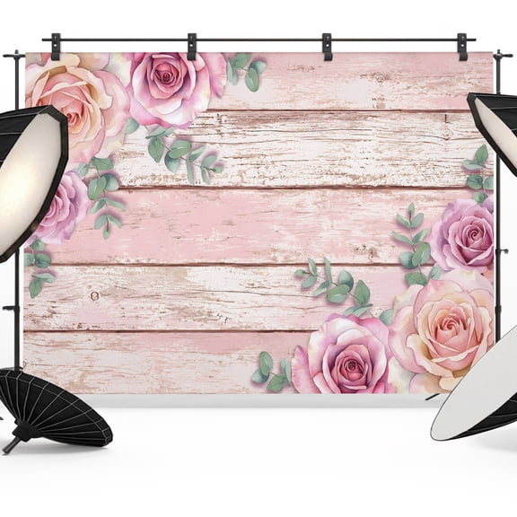 Pink Roses Backdrops for Photography, Classic Floral Eucalyptus Leaves Pink Wood Grain Fabric Photo Background Sturdy Studio Props for Photo Studio, Video Recording, Booth & Photoshoot 7x5ft