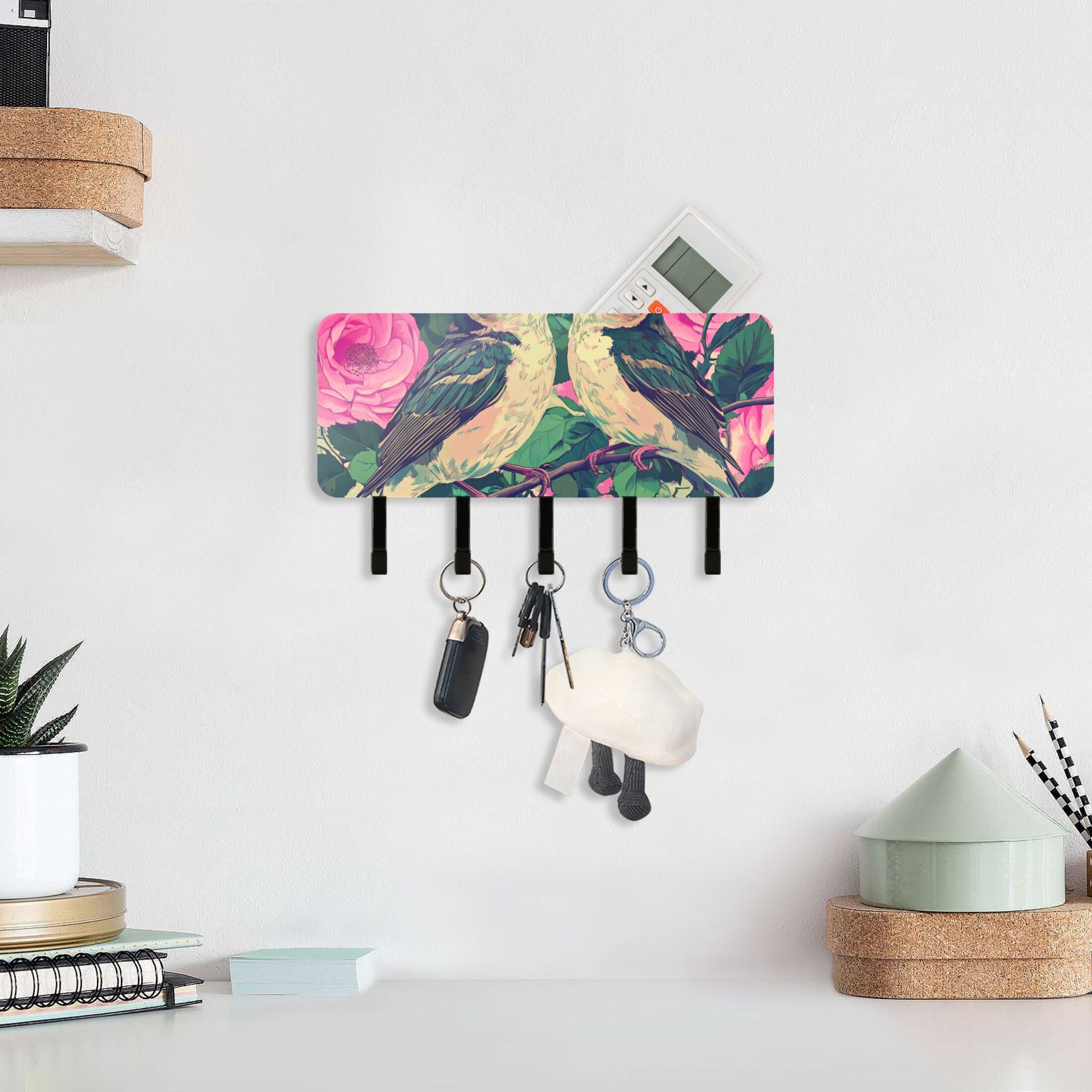 Pink Roses Birds Key Holder for Wall Mail Holder Organizer with 5 Key ...