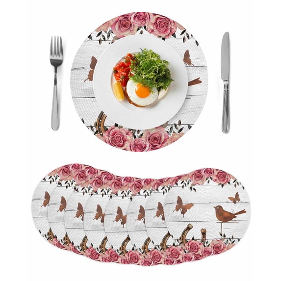 Pink Roses Birds Round 13 Inch Placemats Set of 8, Spring Floral Butterflies Gray Wooden HeatResistant Non Slip Place Mats for Dining Table, Wipeable Braided Kitchen Table Mats for Housewarming