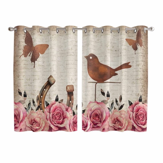 Pink Roses Birds Vintage Kitchen Curtains Window Panels, Spring Floral Butterflies Insulated Window Treatment Curtain, Grommet Curtains for Bedroom/Living Room/Bathroom, 2 Piece 52"Wx63"L