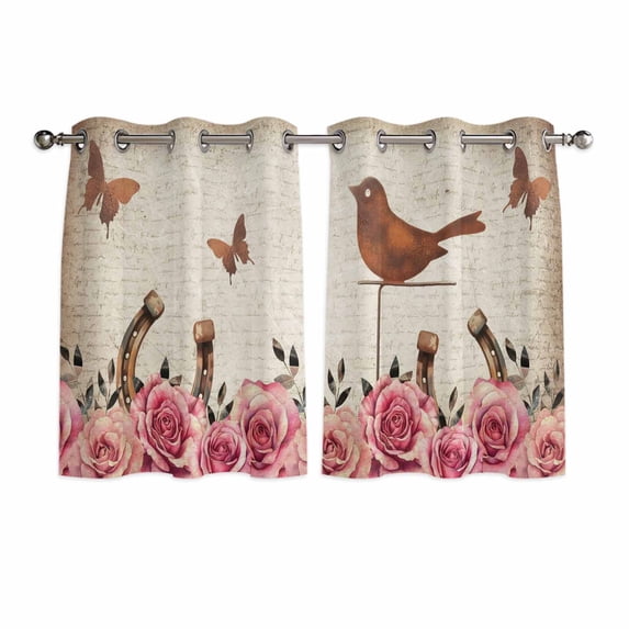 Pink Roses Birds Vintage Kitchen Curtains Window Panels, Spring Floral Butterflies Insulated Window Treatment Curtain, Grommet Curtains for Bedroom/Living Room/Bathroom, 2 Piece 42"Wx45"L