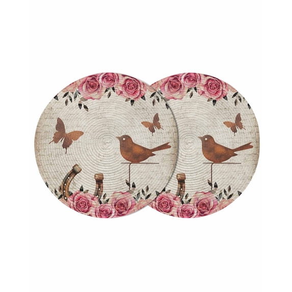 Pink Roses Birds Vintage Round 13 Inch Placemats Set of 2, Spring Floral Butterflies HeatResistant Non Slip Place Mats for Dining Table, Wipeable Braided Kitchen Table Mats for Housewarming
