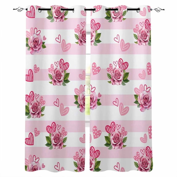 Pink Roses Blackout Curtains for Bedroom/Living Room, Thermal Insulated Kitchen Curtains, Valentine's Day Love Floral Stripes Romantic Grommet Darkening Window Treatment Drapes 42"x63"x2