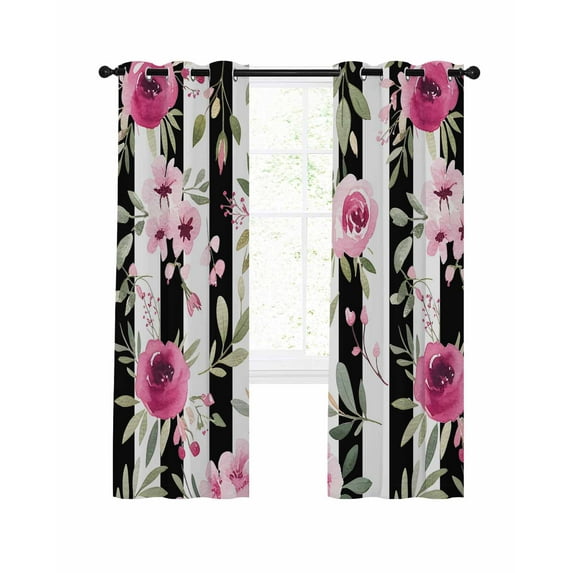 Pink Roses Blackout Curtains, Light Blocking Print Window Curtains, Romantic Flowers Leaves Floral Black Stripes Thermal Insulated Window Drapes for Living Room 2 Panels, 104"W x 90"L