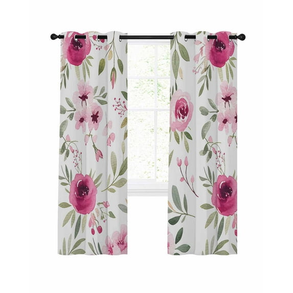Pink Roses Blackout Curtains, Light Blocking Print Window Curtains, Romantic Flowers Leaves Vintage Country Thermal Insulated Window Drapes for Living Room Kitchen Cafe 2 Panels, 104"W x 90"L