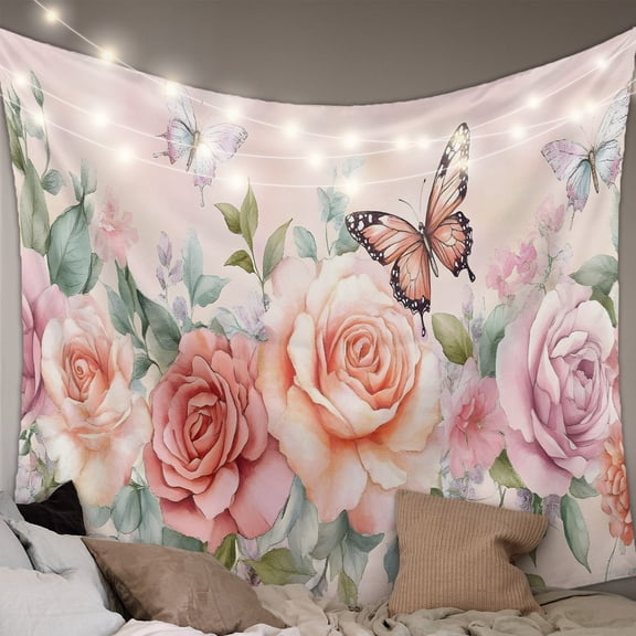 Pink Roses Blossom Small Tapestry for Bedroom Wall Hanging Tapestry,Vintage Butterfly Romantic Butterfly Ceiling Backdrop Tapestries Poster Blanket Wall Decor for Teens Room Living Room 23" x 28"