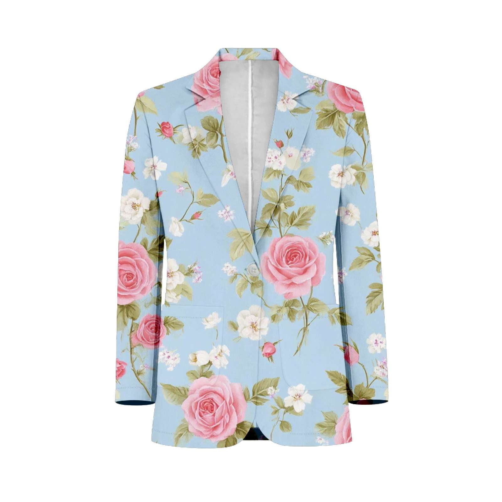 Pink Roses Blue Floral Pattern Mens Suits Shawl Collar Slim Fit Suit ...