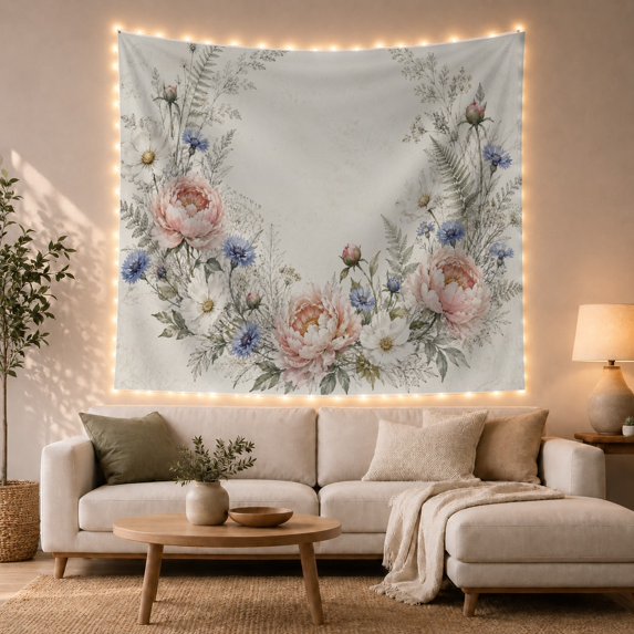 Pink Roses and Blue Wildflowers in a Soft Wreath, Peaceful Watercolor Style for Flower Lovers, Floral Wall Art, Mother's Day Gift, Tapestry Wall Hanging for Bedroom and Living Room
