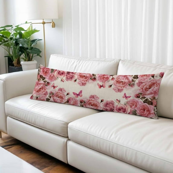 Pink Roses Body Pillow Covers 20"x60", Spring Floral Elegant Pastoral Butterfly Retro Soft Brushed Microfiber Breathable Throw Pillow Covers, Pillowcase with Zipper for Couch Sofa Bedroom Living Room