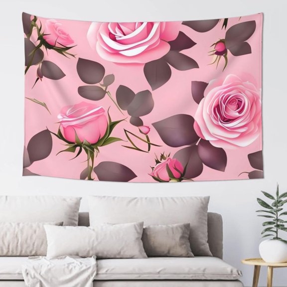 Pink Roses Boho Wall Tapestry 60 x 40 Inch Vertical Aesthetic Wall Hanging Vintage Style Poster Flag for Bedroom Living Room Decor