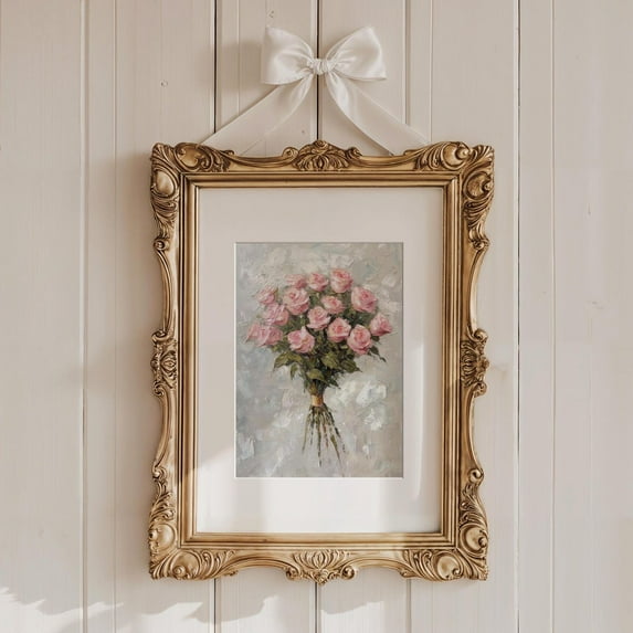 Pink Roses Bouquet Wall Art, Coquette Flower Print, Vintage Pink Poster, Preppy Room Decor, Girly Flower Painting Wall Art Decor For Home Office, 24x36 UNFRAMED