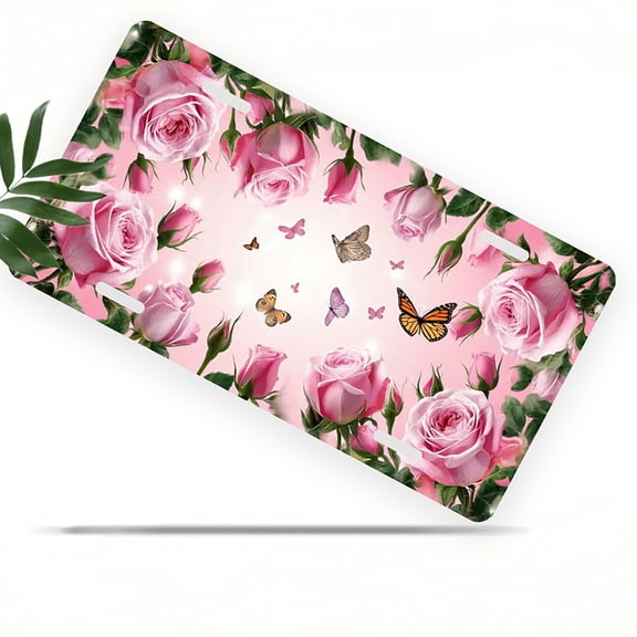 Pink Roses and Butterflies Front License Plate, Metal License Plate, Funny Standard Plates Personalized Novelty Decorative For Men/Women/Boys/Girls Car 6×12 Inch