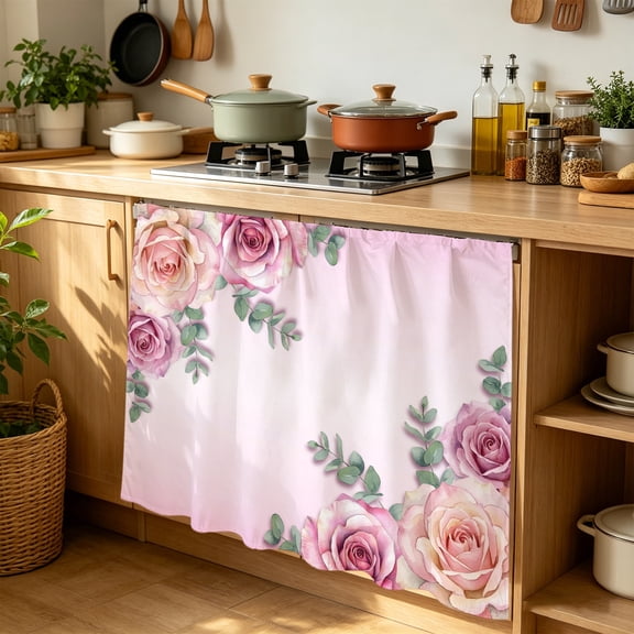 Pink Roses Cabinet Curtains 35" W x 35" L Classic Floral Eucalyptus Leaves Gradient Pink Waterproof Adhesive Kitchen Under Sink Curtain Dust-Proof Dishwasher Skirt for Closet
