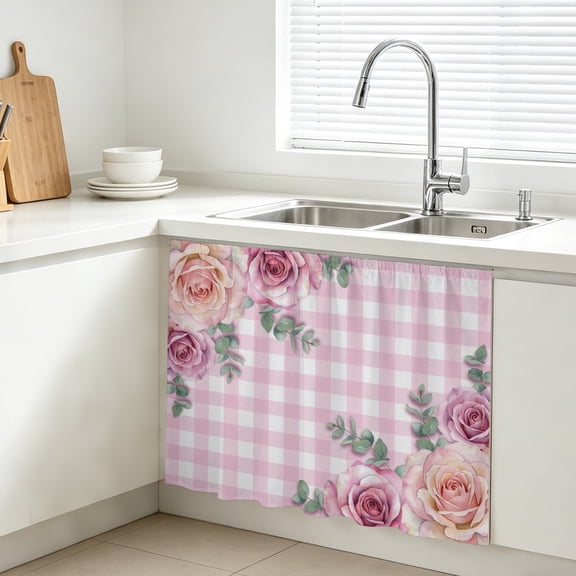 Pink Roses Cabinet Curtains for Kitchen 10"W x 11"L, Classic Floral Eucalyptus Leaves Pink Plaid Under Sink Skirt Magic Tape Short Curtain Decorative Privacy Panel for Bathroom Laundry