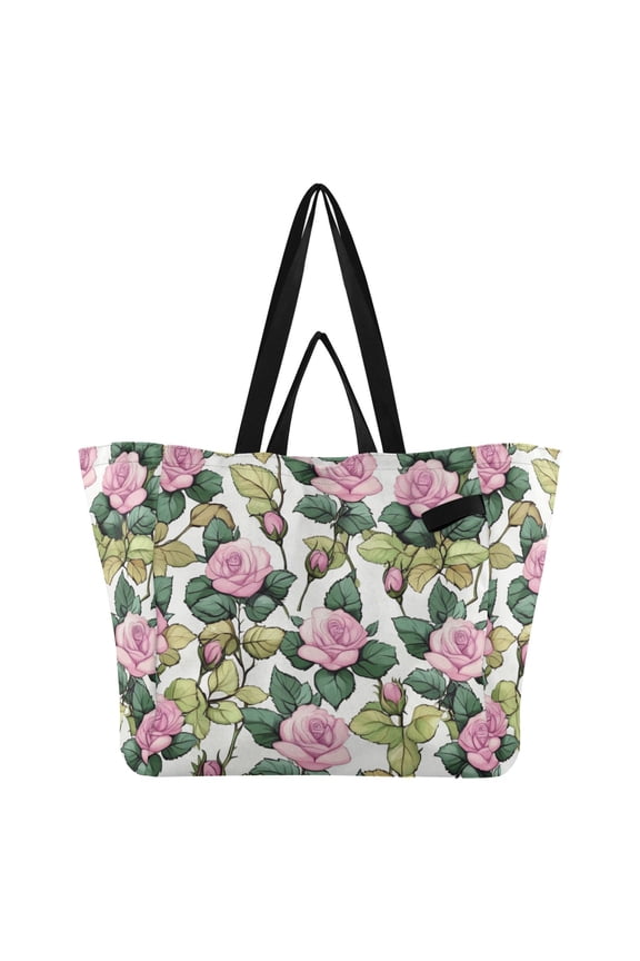 Pink Roses Canvas Tote Bag Large Capacity Reusable Tote with Double Handles, Foldable Heavy Duty Shopping Beach Laundry Bag, 32L