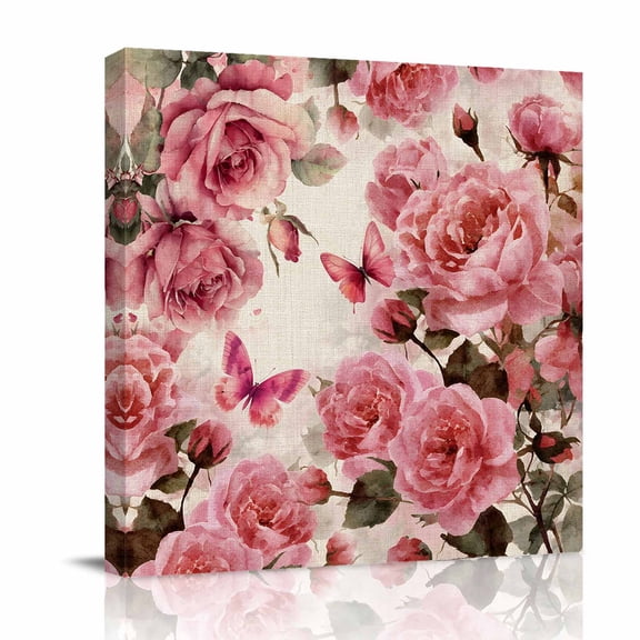 Pink Roses Canvas Wall Art for Living Room, Spring Watercolor Gradient Pink Rose Floral Butterfly Linen Texture Poster Print Painting for Bedroom Home Decor Wall Pictures Prepare To Hang 10"x10"