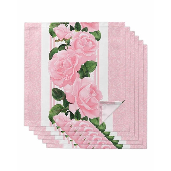 Pink Roses Cloth Napkins Set of 6 Reusable Dinner Napkins, Valentine's Day Romantic Flowers Green Leaf Stripes Cocktail Napkin Washable Table Napkins for Wedding/Holiday Party/Baby Shower 20"x20"