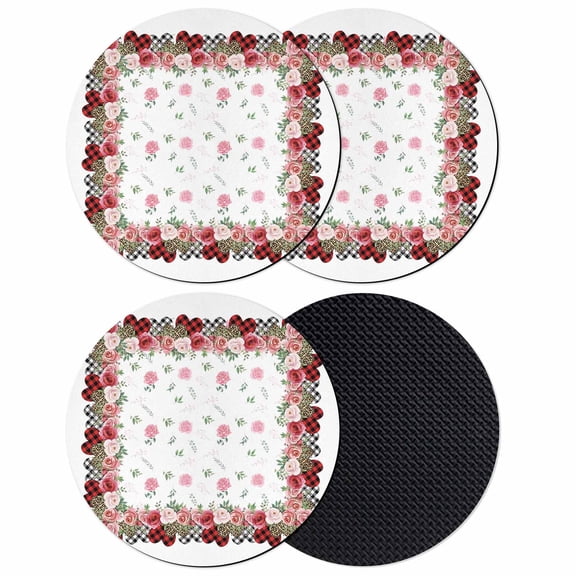 Pink Roses Coasters Set of 4, Absorbent Coasters for Drinks, Valentine's Day Love Floral Wreath Plaid Coaster for Desk Coffee Table Protection, Home Decor House Warming Gifts 4"