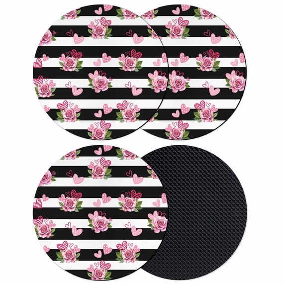 Pink Roses Coasters Set of 4, Absorbent Coasters for Drinks, Valentine's Day Love Flowers Stripes Rustic Coaster for Desk Coffee Table Protection, Home Decor House Warming Gifts 4"