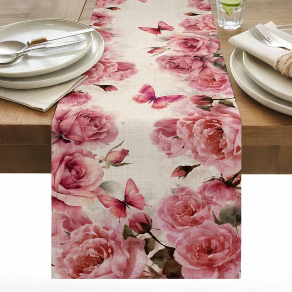 Pink Roses Cotton Linen Table Runner Spring Watercolor Gradient Pink Rose Floral Butterfly Linen Texture Dining Table Runners for Home Decor Party Dining Room Restaurant Kitchen 13" x 36"