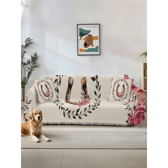 Pink Roses Couch Cover, Spring Horseshoes Floral Leaves Rustic Oversized Sofa Cover Blanket for 3 Cushion Couch, Sectional Sofa Slipcover Furniture Protector for Living Room Bedroom 71''x150''