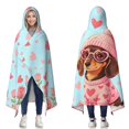 thumbnail image 1 of Pink Roses Dachshund Wearable Blanket Hoodies for Women Men Adults Dachshund Lovers Cozy Soft Cute Heart Dachshunds Hooded Blankets for Couch Bed Decor Valentine's Day Gifts 60x80 Inch, 1 of 5