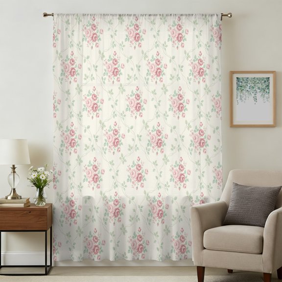 Pink Roses Farmhouse Sheer Curtains 108" Extra Long for Living Room, Green Rustic Botanical Floral Light Filtering Privacy Drapes, Breathable Semi Sheer Window Treatment for Floor to Ceiling Window