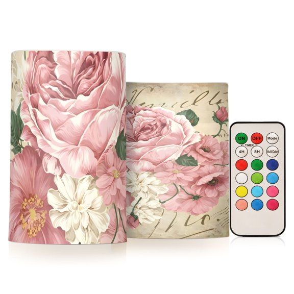 Pink Roses Flickering Flameless Candles Battery Operated with Remote Timer LED Pillar Candles Set of 2