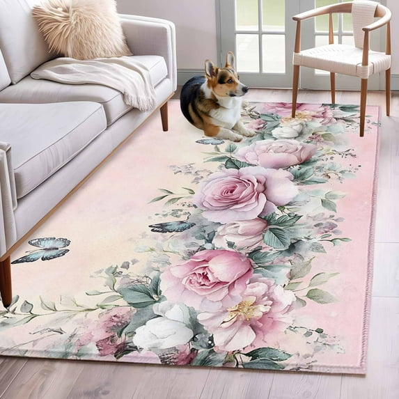 Pink Roses Floral Area Rug 3x5 Washable Rug Non Slip Vintage Romance Botanical Flowers Large Area Rug Indoor Floor Carpet for Entryway Bedroom Kitchen Living Room Home Office Dining Room Nursery