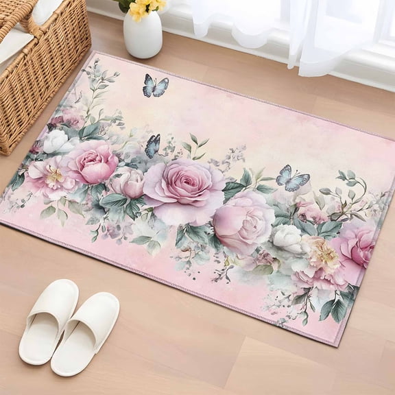 Pink Roses Floral Bathroom Rug Washable 2x3 Entryway Rug Non Slip Vintage Romance Botanical Flowers Front Door Mat Low Pile Indoor Doormat Throw Floor Carpet for Kitchen Bedroom Entrance