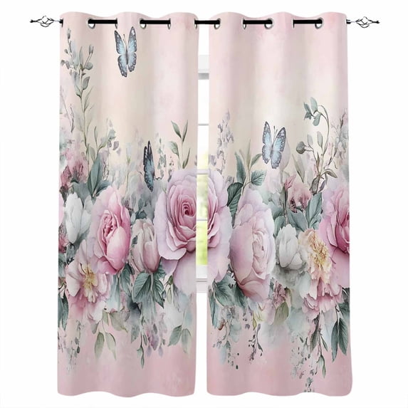 Pink Roses Floral Blackout Curtains for Bedroom Living Room Darkening Curtains 84 Inch Length 2 Panels Set Vintage Romance Botanical Flowers Window Curtain Window Treatment Grommet Drapes 42"x84"